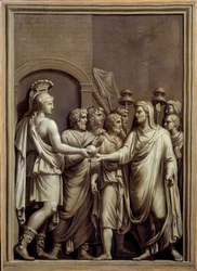 Ancient Rome: warrior and man in a toga exchanging a sphere