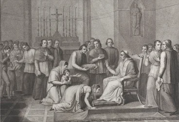 A Woman Kneels to Kiss the Foot of Pope Pius VII, with a Crowd Behind Her