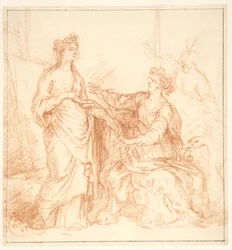 Allegorical Composition with Three Female Figures in Front of a Picture on an Easel, One with a Mask at Her Feet, Another Accompanied by a Swan