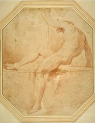 Nude seated and turning away, grasping a staff in his left hand