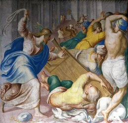 Jesus Christ drives out merchants at the gates of the Temple. Fresco by Carlo Urbino. Milan, S. Maria della Passione