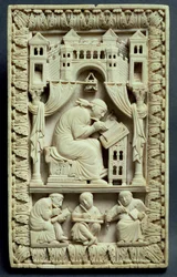 St. Gregory writing with scribes below, Franco-German School, c.850-875