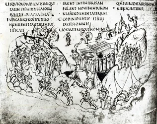 Various scenes illustrating a psalm, from the Utrecht Psalter, copy of the original from Reims now in Utrecht University Library