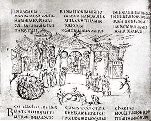 Various scenes illustrating a psalm, from the Utrecht Psalter, copy of the original from Reims now in Utrecht University Library