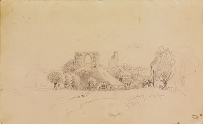 Eldena Abbey Ruins, with a Thatched House and a Small Body of Water