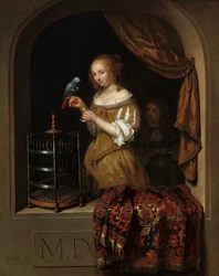 A Woman Feeding a Parrot, with a Page