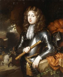Portrait of a Commander, Three-Quarter Length, in Armour, Holding a Baton, his Plumed Helmet on a Rock Nearby, a Cavalry Charge Beyond