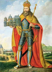 Portrait of Charlemagne, King of Franks and Lombards and Emperor of Holy Roman Empire, Standing with Model of Palatine Chapel