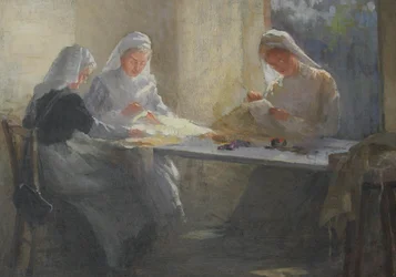 Kensington War Hospital Supply Depot (Kensington Square), Three Nurses Sitting at a Table Sewing, c.1916