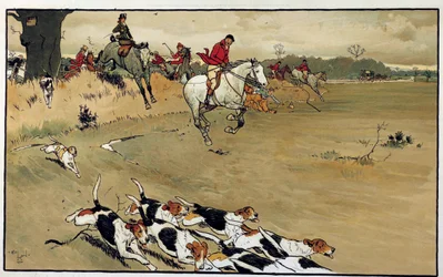 Hunting scene, the pack of dogs bark after the game