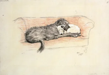 Reconciliation; Wolfhound and Bull Terrier Asleep on a Sofa