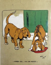 The law of the strongest: After you, if there is any left... One dog lets the other eat and finish the bowl. Drawing by Cecil Aldin, 19th century. Paris, Decorative Arts