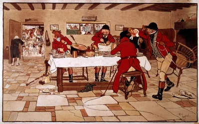 The Three Pigeon Snack. Hunters Cook and Eat Quickly Before Leaving for Hunting. Engraving by Cecil Aldin