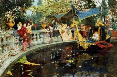 The Departure of Caesar. Entertainment at the English Court: Boat Ride in a Basin. Painting by Agostino Detti (1847-1914) Private Collection