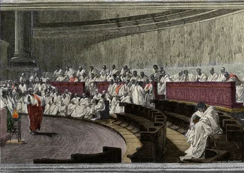 Cicero denounces the conspirator Catilina on 8 November 63 BC, The scene takes place in Rome in the Senate, engraved after the fresco made between 1882 and 1888 by Cesare Maccari. Rome Palazzo Madama