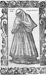 Renaissance: a courtesan at the time of Pope Pius V (1566-1572). Engraving from 