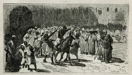 The punishment of a thief, climbs on a mule, he receives batons under the jeers of the crowd, engraving by C.Biseo, to illustrate the story Le Maroc by Edmondo de Amicis, in 1875, published in the tour du monde, under the direction of Edouard Charton