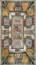 Pier Maria Rossi having the honor of the Order of Saint Michael, View of ceiling of the Sala delle Gesta Rossiane, Rocca dei Rossi, San Secondo, Parma, Italy, c.1570