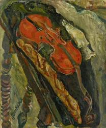 Still life with violin, bread and fish