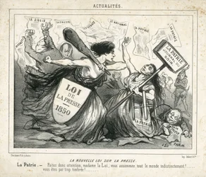 Illustration of Cham in Le Charivari, circa 1850 - The New Law on the Press - Censorship, Press/Media, Law - Proudhon Pierre-Joseph, Girardin Emile de - Allegory
