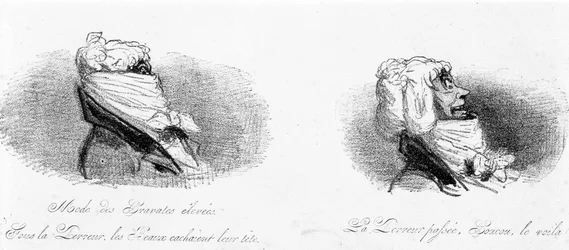 Satirical drawing on the bourgeois at the time of the French revolution. Fashion of high ties: under the Terror, the beautiful hid their heads... Past Terror... Hey, there he is! In Tortures de la mode by Cham