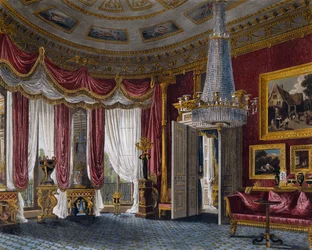 Pink satin drawing room, Engraving by Richard Reeve, Based on design by Charles Wild, From The History of the Royal Residences