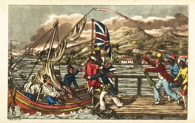 English Navy officer kidnapping an enslaved woman on Barbados Pier, pursued by her owner husband and plantation workers