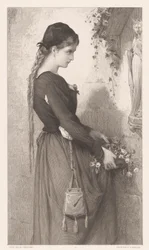 Young Woman Bringing Flowers to a Niche with a Statue of Mary