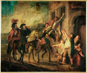 Don Quixote, through the malice of Maritorne, is strapped to a window