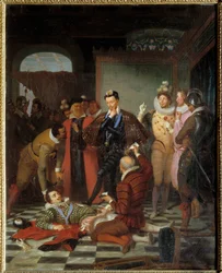 Henry III King of France Pushing the Body of Henri I of Lorraine, Duke of Guise Called the Balafre After His Assassination at the Castle of Blois