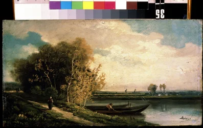 The Coast. Riverbank Landscape with a Fisherman and a Peasant Woman