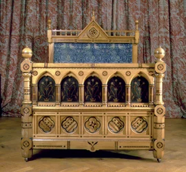 Gothic Revival Inlaid Bed with Padded Headboard, Made by Marsh & Jones, c.1866