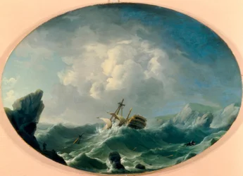 A British Man of War in Rough Seas off a Rocky Coast