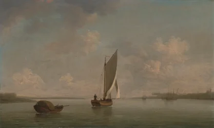 A Smack Under Sail in a Light Breeze in a River