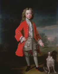 Portrait of a Boy Wearing a Red Jacket with his Spaniel