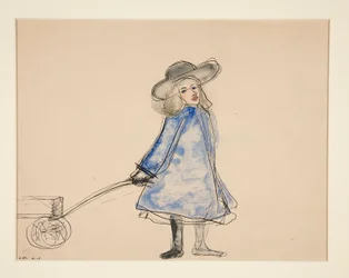 Girl Pulling Wagon (Plain Girl in Blue Dress); Sketch of a Man