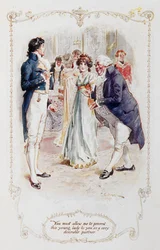 Sir William Lucas: Mr. Darcy, you must allow me to present this young lady to you as a very desirable partner (Elizabeth Bennet), illustration to 