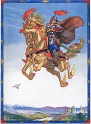 The horse went flying through the air, scene from The Knight of the Flowers in Children