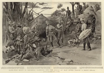 Hard-won Booty in Rhodesia, Carrying off the Spoils of War after Taking a Kopje Kraal