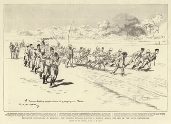 Transport difficulties in Rhodesia, the Seventh Hussars hauling a Waggon across the Bed of the River Umzingwane