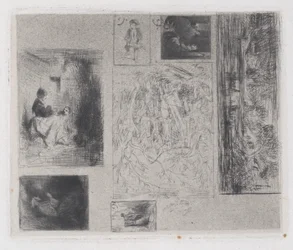 Composite Plate: Woman and Children, Old Musician, Frying Merchant, Landscape