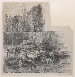 Herdsman and Cattle at Ford, ca. 1850