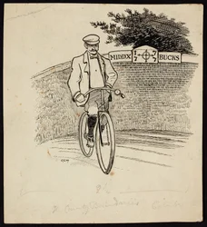 A Man on a Bicycle in Front of a Sign Marking the County Boundary Between Middlesex and Buckinghamshire