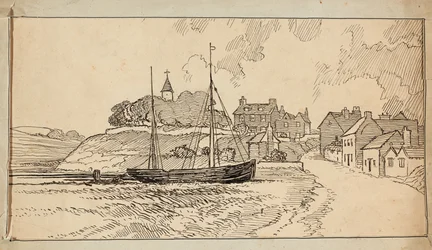 A Sailing Boat on the Beach at Low Tide, by a Lane Leading Up Towards a Village