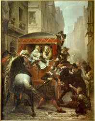 Death of Henry IV: “Assassination of Henry IV, King of France, and arrest of Ravaillac”. Assassination of King Henry IV (1553-1610) and arrest of François Ravaillac (1578-1610) on 14/05/1610 in Rue de la Ferronnerie in Paris