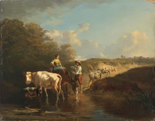 Shepherd Couple with Animals at a Waterhole