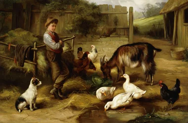 A Boy with Poultry and a Goat in a Farmyard