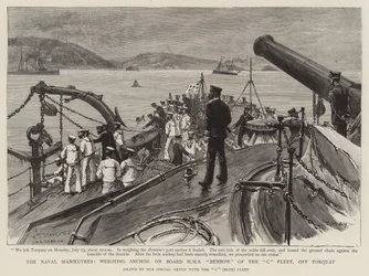 The Naval Manoeuvres, weighing Anchor on Board HMS Benbow of the C Fleet, off Torquay