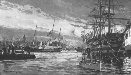The Funeral of Queen Victoria...Royal Yacht Alberta entering Portsmouth Harbour...1901