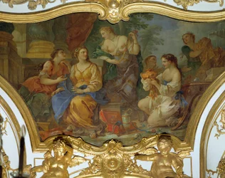 Psyche showing her treasures to her sisters. Ceiling painting by Charles-Joseph Natoire